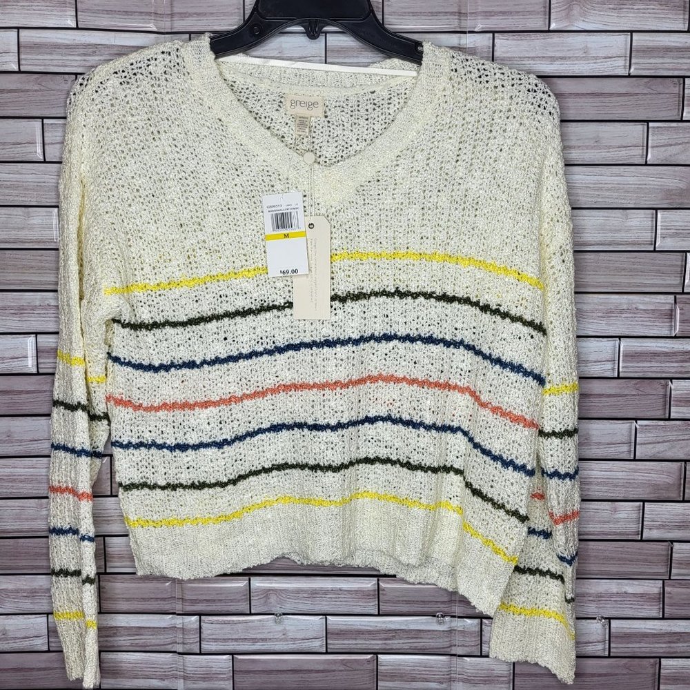 New greige Women's Sweater Size Medium Long Sleeve Top Ivory Striped Blouse‎